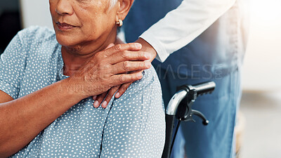 Buy stock photo Empathy, hands and shoulder of old woman with nurse in home together for comfort, love or support. Compassion, depression or sadness with caregiver and patient in apartment for grief, loss or pain