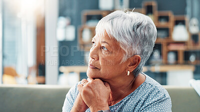Buy stock photo Elderly woman, thinking or reflection in home for past life, history and nostalgia with regret in retirement. Senior, lonely female person and remember with memory, perspective for grief and loss