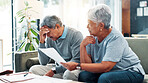 Stress, finance documents and senior couple in home with debt, mortgage or bills with budget struggle. Frustration, paperwork and elderly man with woman for planning retirement account in house.
