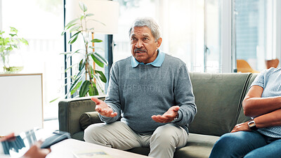 Buy stock photo Marriage therapy, talking and old man with therapist, divorce risk and communication in retirement. Counselling, senior couple and elderly woman with consultation, advice and psychology with help