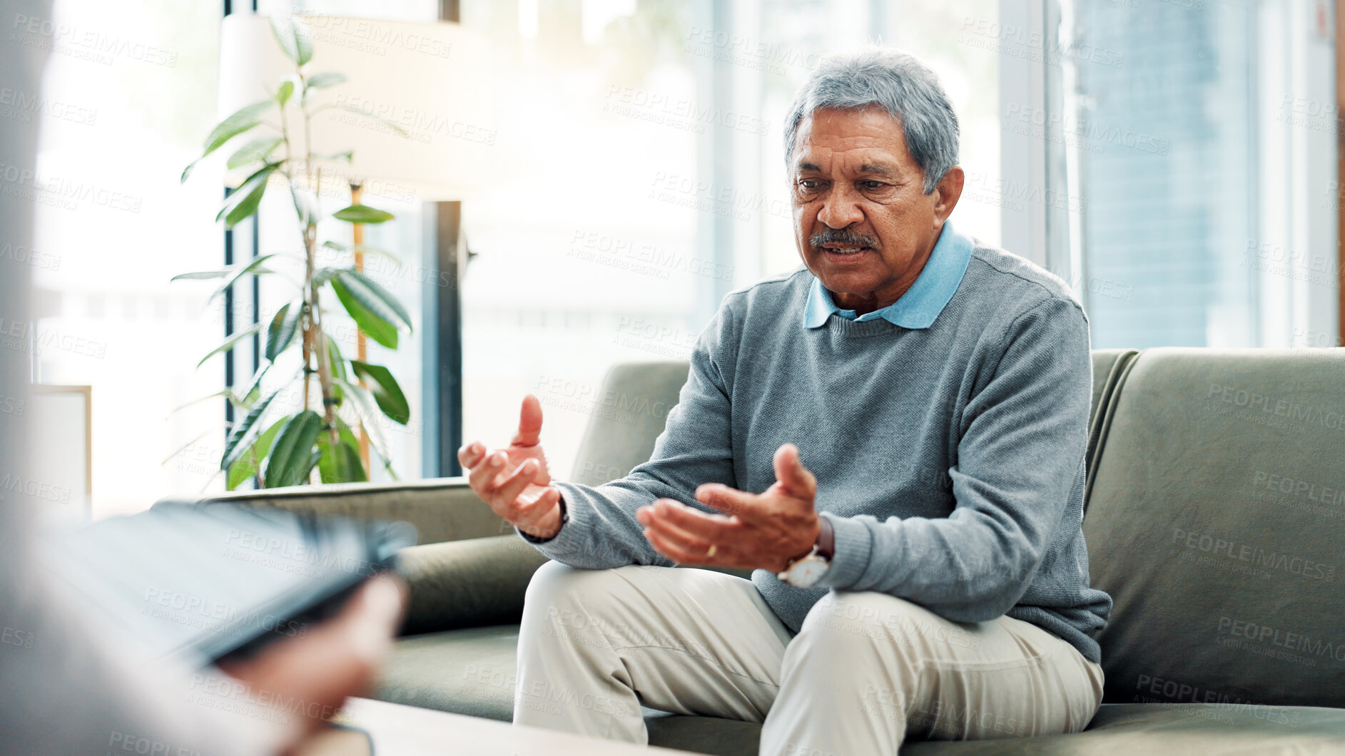 Buy stock photo Senior man, counseling and sofa with therapist for discussion, mental health or therapy session. Elderly, male person or talking with counselor advice for psychology consultation, amnesia or dementia