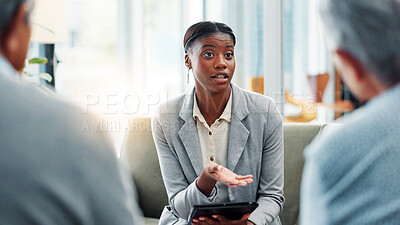 Buy stock photo Marriage therapy, couple and tablet with conversation, advice and retirement with connection. Therapist, man and woman with consultation, tech and psychology with help and app for counselling session