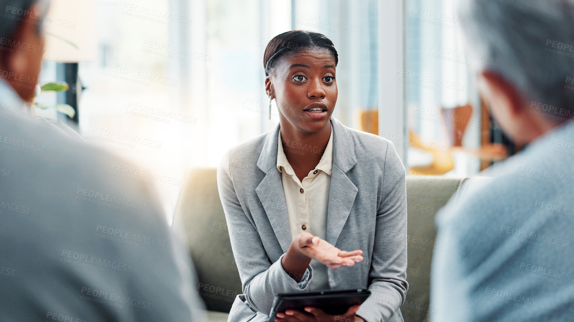 Buy stock photo Marriage therapy, couple and tablet with conversation, advice and retirement with connection. Therapist, man and woman with consultation, tech and psychology with help and app for counselling session