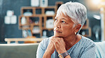 Senior woman, thinking or reflection in home for past life, history and nostalgia with regret in retirement. Elderly, lonely female person and remember with memory, perspective for grief and loss