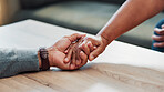 Comfort, empathy and holding hands with people in living room of home together for bonding, love or support. Compassion, sympathy and trust with couple closeup in apartment for connection or healing