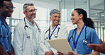 Documents, medical and smile of doctors with nurses in hospital together for collaboration or discussion. Agenda, healthcare and schedule with happy medicine team in clinic for brainstorming
