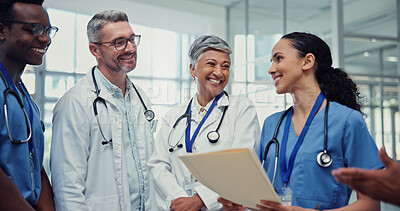 Buy stock photo Documents, medical and smile of doctors with nurses in hospital together for collaboration or discussion. Agenda, healthcare and schedule with happy medicine team in clinic for brainstorming