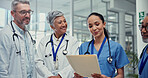 Documents, medical or results with doctors and nurses in hospital together for collaboration or discussion. Agenda, healthcare and meeting with professional medicine team in clinic for brainstorming