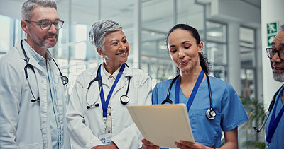 Buy stock photo Documents, medical or results with doctors and nurses in hospital together for collaboration or discussion. Agenda, healthcare and meeting with professional medicine team in clinic for brainstorming