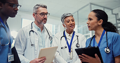 Buy stock photo Documents, medical or tablet with doctors and nurses in hospital together for collaboration or discussion. Agenda, meeting and schedule with professional medicine team in clinic for brainstorming