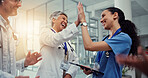 Nurse, doctor and celebration high five with tablet for healthcare excellence, surgery success and good news. Medicine staff, people and happy at hospital for medical results and achievement support