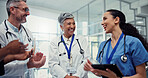 Nurse, doctor and celebration applause with tablet for healthcare recognition, medical news and clinic success. Medicine staff, people or happy at hospital for positive surgery outcome or achievement