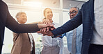 Business people, hands together and teamwork, support or collaboration with company goals, success or mission. Employees, professional group and circle with stack for job, target and staff synergy