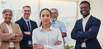 Arms crossed, portrait and leadership with business people in office for solidarity, about us or diversity. Community, staff and collaboration with group of employees for teamwork and partnership