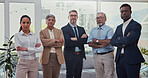 Arms crossed, portrait and community with business people in office for solidarity, about us or diversity. Leadership, staff and collaboration with group of employees for teamwork and partnership