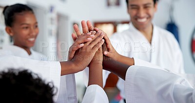 Buy stock photo Kids, teacher and hands together in dojo for martial arts training, self defense or fighting competition. Children, motivation and celebration with support for taekwondo challenge or community karate