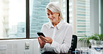 Business, smile and woman in office, cellphone or texting with social media, accounting or email. Mature person, financial advisor or employee in workplace, smartphone or online for investment report
