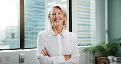 Buy stock photo Portrait, smile and mature businesswoman with arms crossed for experience as financial advisor. Office, boss and confident professional executive, wealth consultant and asset manager in Switzerland