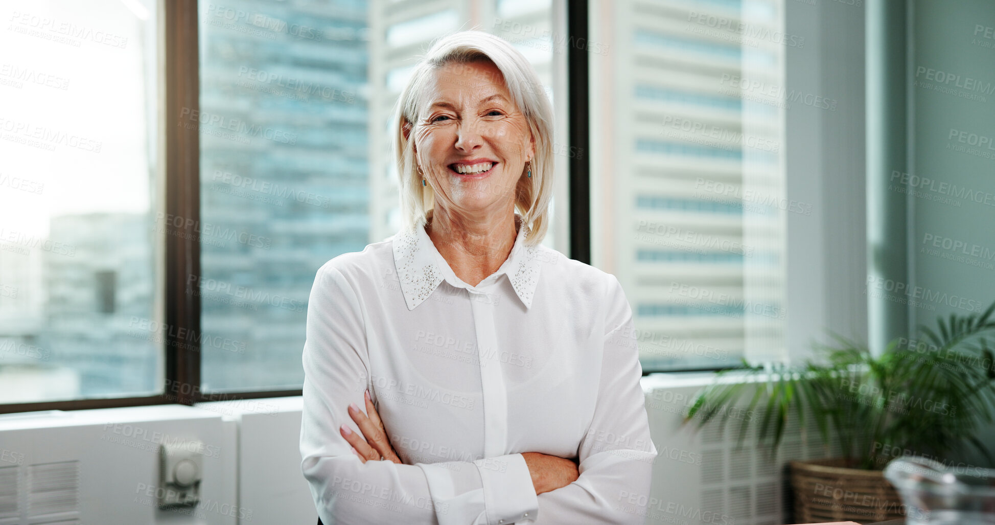 Buy stock photo Portrait, smile and mature businesswoman with arms crossed for experience as financial advisor. Office, boss and confident professional executive, wealth consultant and asset manager in Switzerland