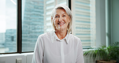 Buy stock photo Portrait, mature and happy business woman in office with career experience as financial advisor. Smile, boss and confident professional executive, wealth consultant and asset manager in Switzerland