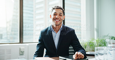 Buy stock photo Portrait, corporate and happy business man in office with ambition as financial advisor. Smile, employee and confident professional worker, wealth consultant and asset specialist or entrepreneur
