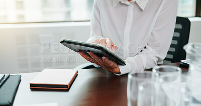 Buy stock photo Office, business and hands of person on tablet for financial review, budget report and investment. Professional, company consulting and woman on digital tech for research, finance planning or website