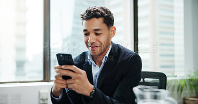 Buy stock photo Business, smile and man in office, smartphone and email with social media, investment and funny meme. Person, financial advisor and employee in workplace, cellphone and notification for tax report