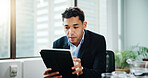 Data, research and tablet with business man in office for accounting, development or reporting. App, finance and reading with accountant in professional workplace for budget or wealth management