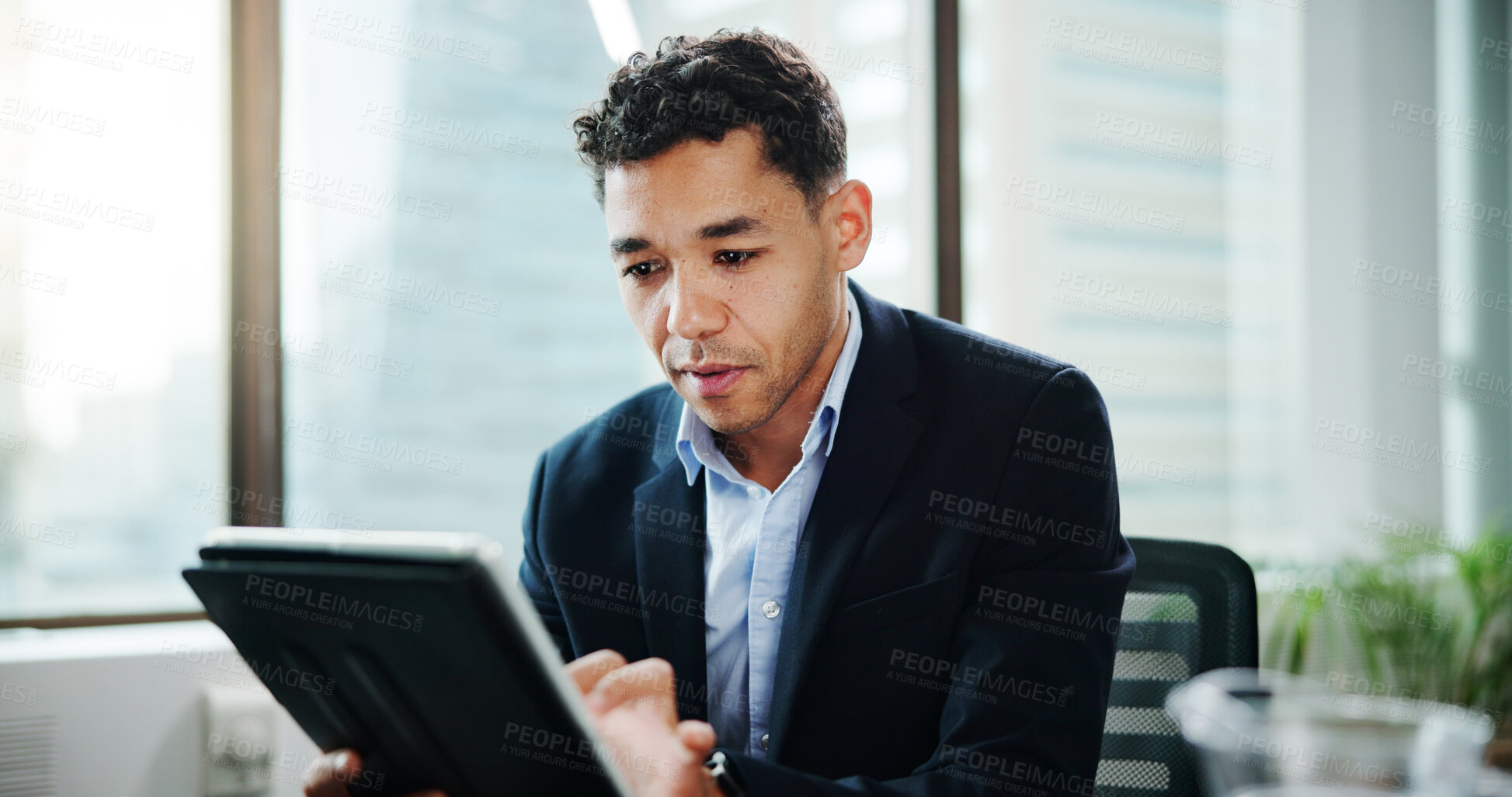 Buy stock photo Reading, research and tablet with business man in office for accounting, development or reporting. App, data and finance with accountant in professional workplace for budget or wealth management