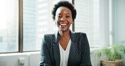 Buy stock photo Portrait, business and black woman laugh in office for pride as happy financial advisor. Smile, employee and confident professional worker, wealth consultant and corporate asset manager in Kenya