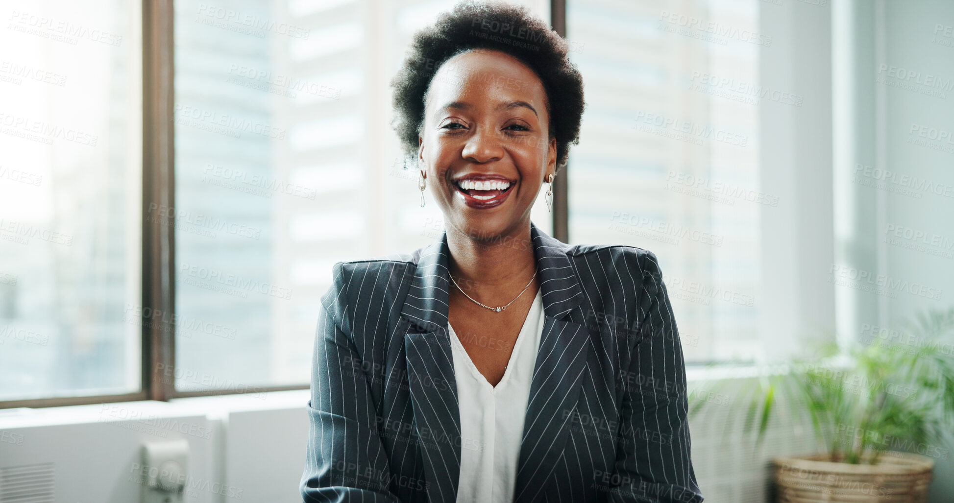 Buy stock photo Portrait, business and black woman laugh in office for pride as happy financial advisor. Smile, employee and confident professional worker, wealth consultant and corporate asset manager in Kenya