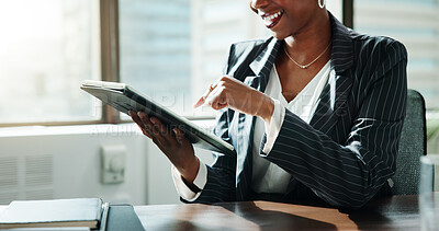 Buy stock photo Corporate, tablet and hands of business woman for financial review, budget report and feedback. Professional, company consultant and worker on digital tech for research, finance planning and website