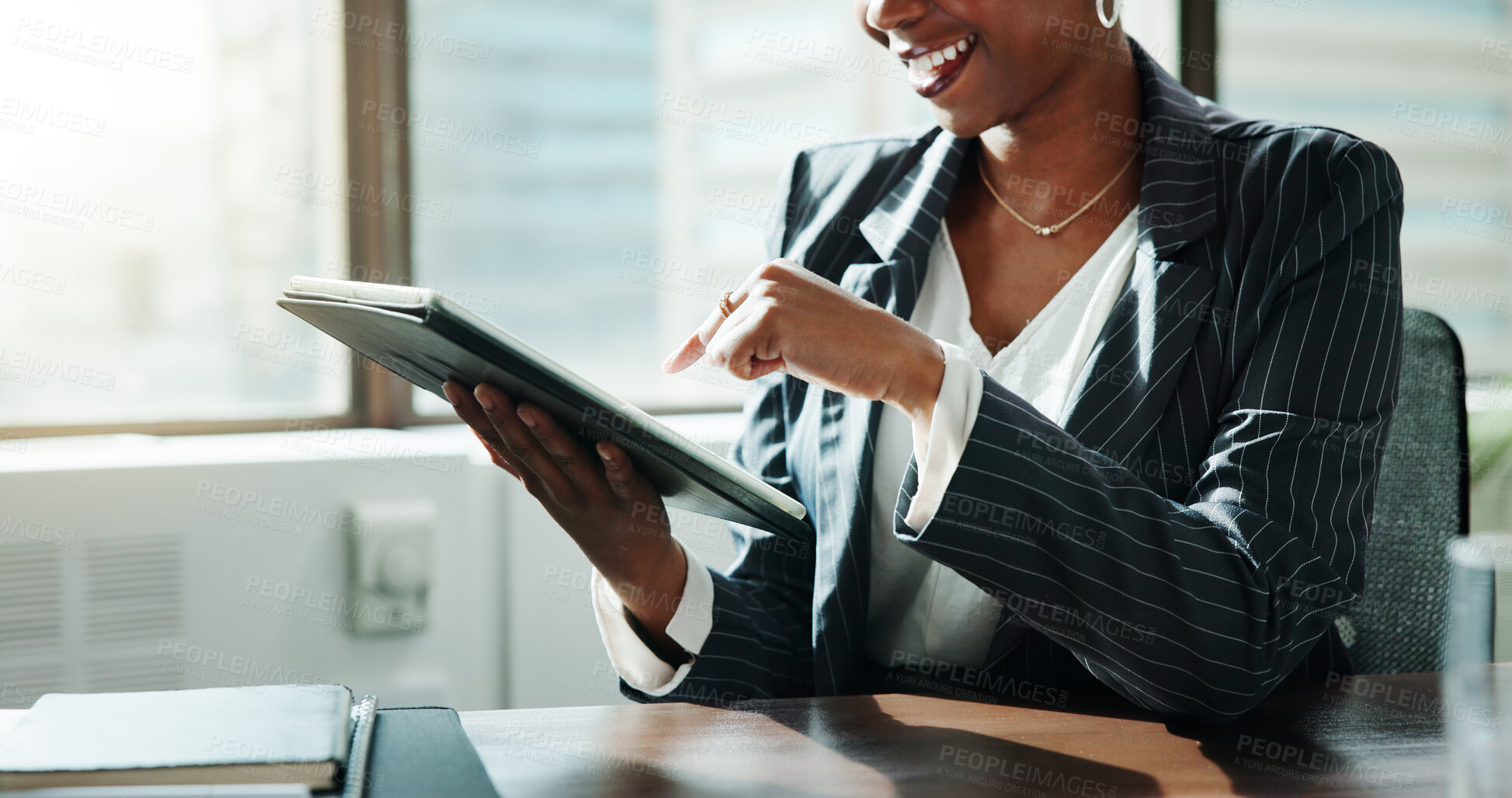 Buy stock photo Corporate, tablet and hands of business woman for financial review, budget report and feedback. Professional, company consultant and worker on digital tech for research, finance planning and website