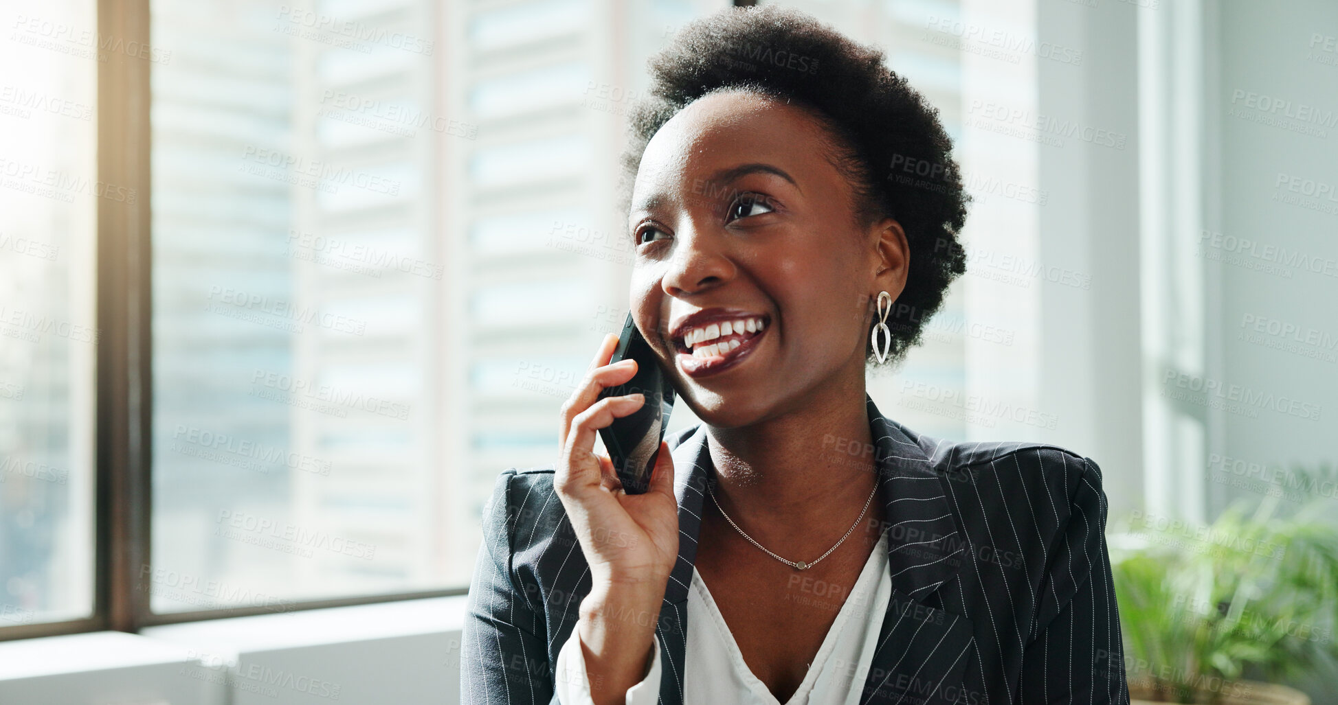 Buy stock photo Smile, news or black woman in office with phone call for contract negotiation or government deal. Consultant, lawyer and advisor talking on mobile for court case schedule, consultation and advice