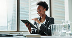 Reading, smile and tablet with business black woman in office for accounting, development or reporting. App, data and happy with financial accountant in workplace for budget or wealth management