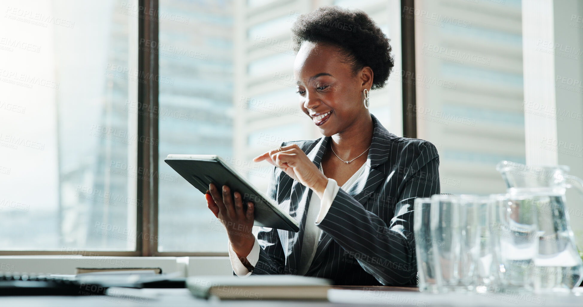 Buy stock photo Reading, smile and tablet with business black woman in office for accounting, development or reporting. App, data and happy with financial accountant in workplace for budget or wealth management