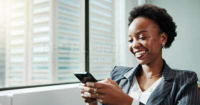 Buy stock photo Business, smile and black woman with cellphone, internet and texting with message, accounting and funny meme. African person, financial advisor and employee with smartphone and app with online joke