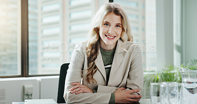 Buy stock photo Smile, portrait and business woman with confidence as regulatory affairs specialist in office. Happy, employee and  professional worker with arms crossed or compliance officer with ambition in France