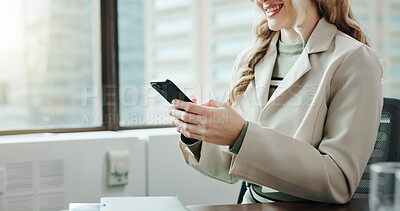 Buy stock photo Phone, contact and hands of businesswoman in office for email with investor client communication. Cellphone, closeup and female finance manager with network for online investment report in workplace.