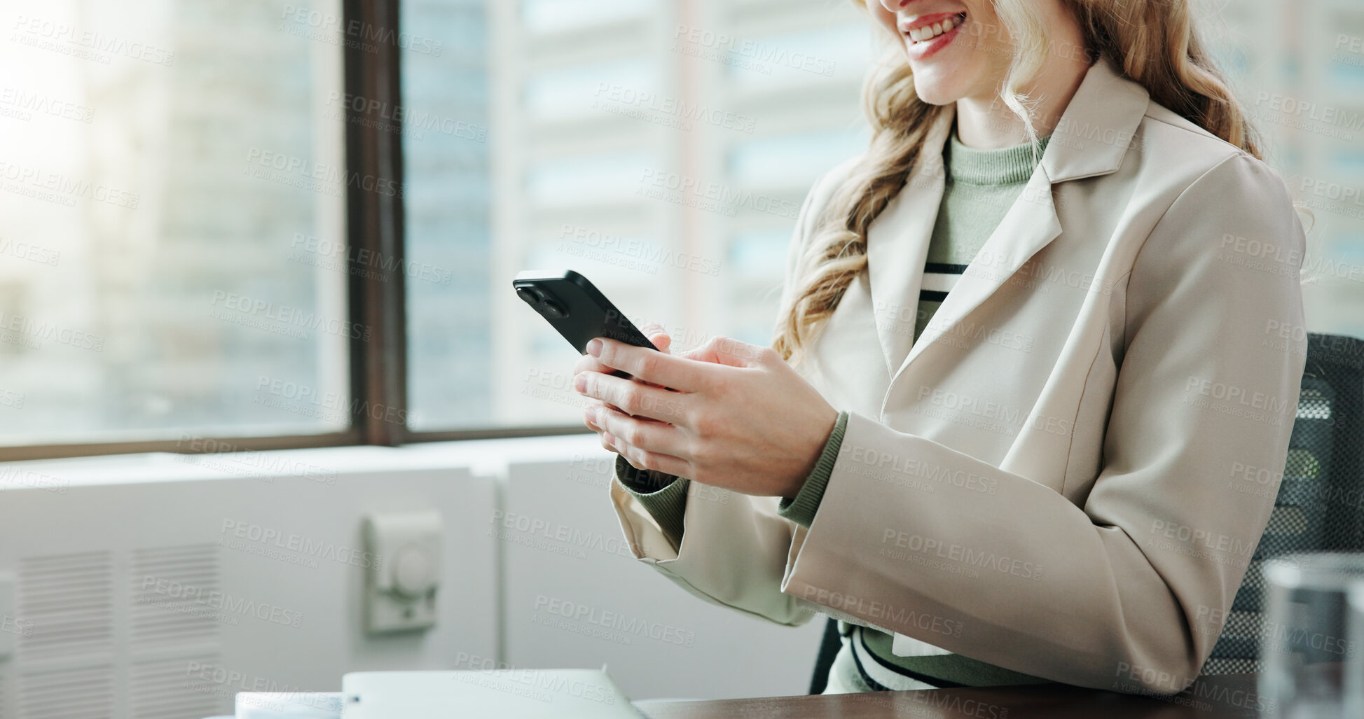 Buy stock photo Phone, contact and hands of businesswoman in office for email with investor client communication. Cellphone, closeup and female finance manager with network for online investment report in workplace.