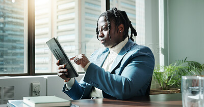 Buy stock photo Tablet, online and reading with business black man in office for schedule, stock broker and planning. Research, economy growth and investment analyst with person in finance agency for digital report