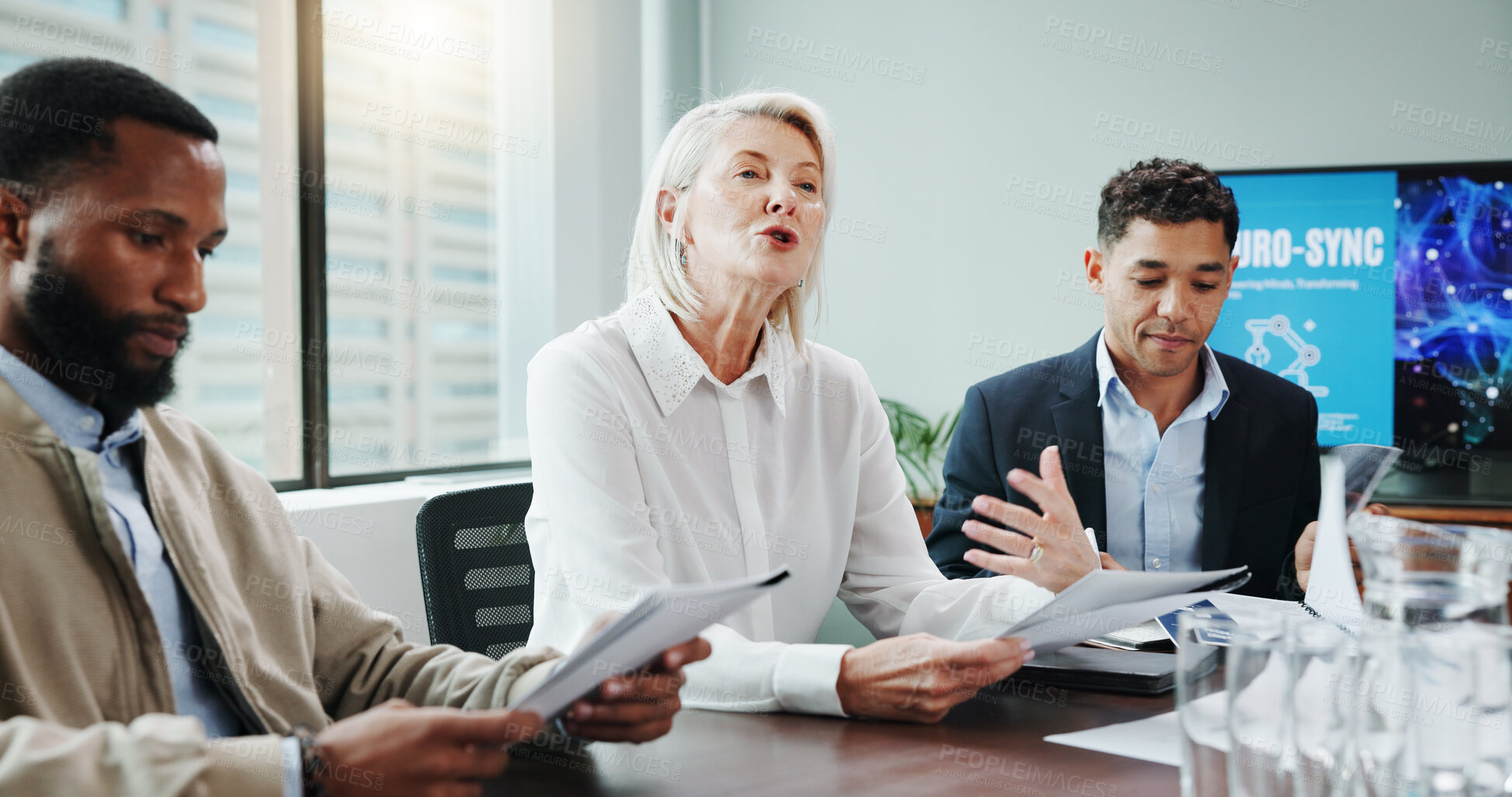 Buy stock photo Business, people and talking in meeting with document for planning, neuroscience and innovation idea. Manager, presentation and briefing with paperwork, brain technology and proposal of neurofeedback