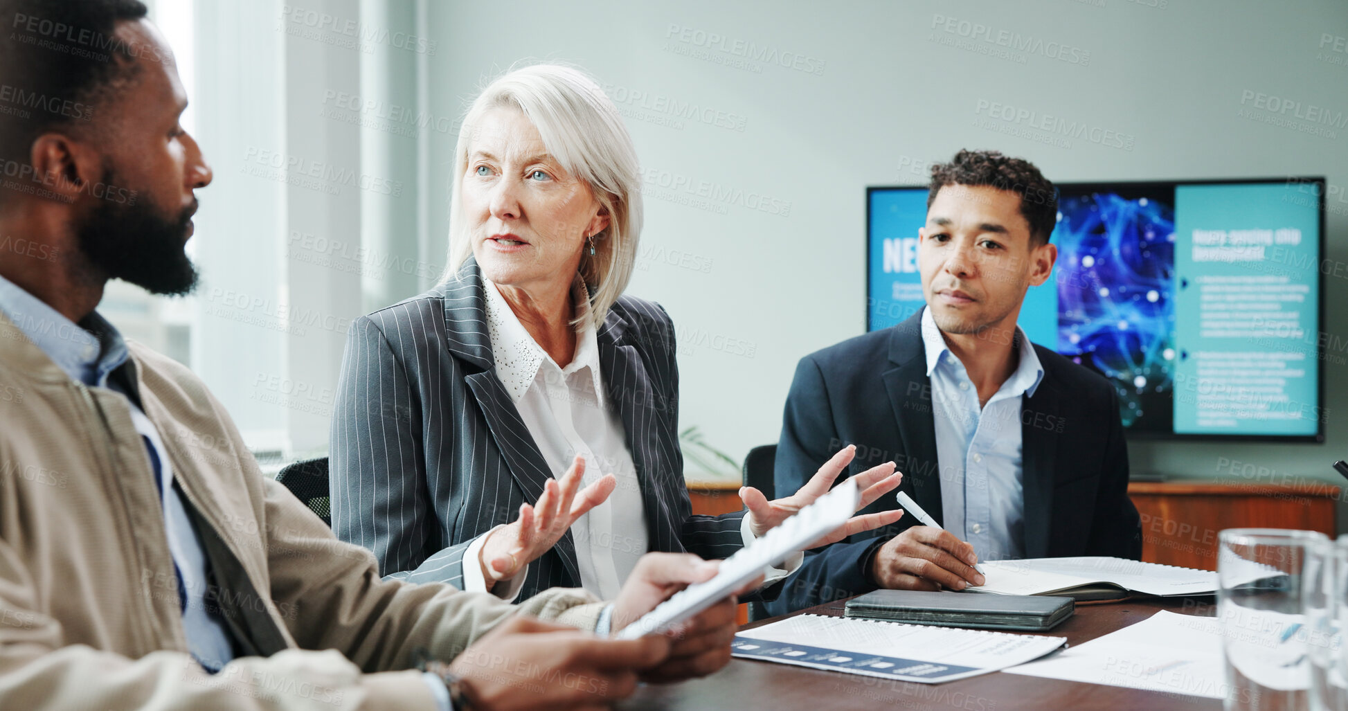 Buy stock photo Meeting, business and people talking in office for planning, neuroscience and innovation ideas. Manager, presentation and briefing with paperwork, brain technology and proposal with neurofeedback