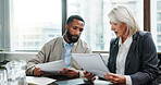 Documents, discussion and meeting with business people in office for investment analyst, advisor and stock market. Audit review, portfolio growth and feedback with employees in agency for research