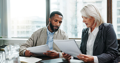 Buy stock photo Documents, discussion and meeting with business people in office for investment analyst, advisor and stock market. Audit review, portfolio growth and feedback with employees in agency for research