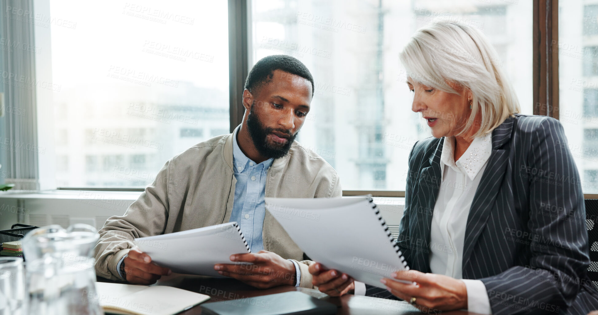 Buy stock photo Documents, discussion and meeting with business people in office for investment analyst, advisor and stock market. Audit review, portfolio growth and feedback with employees in agency for research