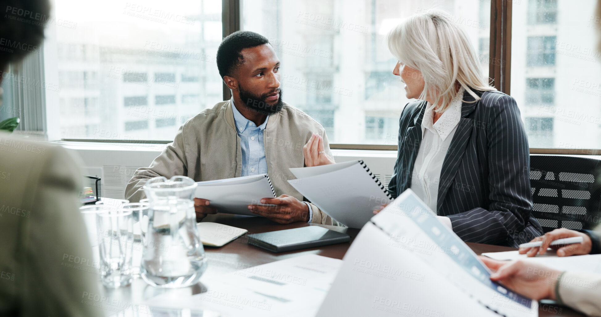 Buy stock photo Documents, planning and meeting with business people in office for investment analyst, advisor and stock market data. Audit review, portfolio growth and feedback with employees in agency for research