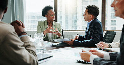 Buy stock photo Teamwork, talking and meeting with business people in office for investment analyst, advisor and stock market. Audit review, portfolio growth and feedback with employees in agency for research