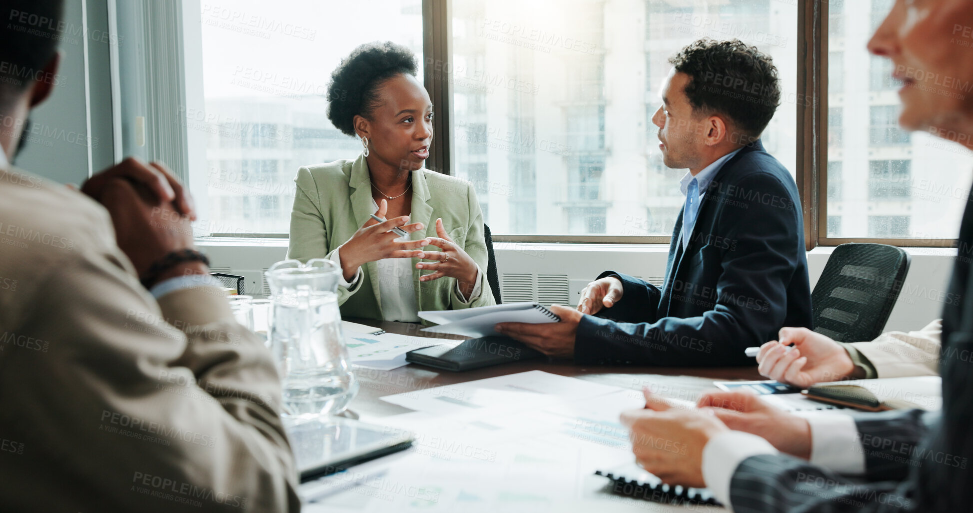 Buy stock photo Teamwork, talking and meeting with business people in office for investment analyst, advisor and stock market. Audit review, portfolio growth and feedback with employees in agency for research