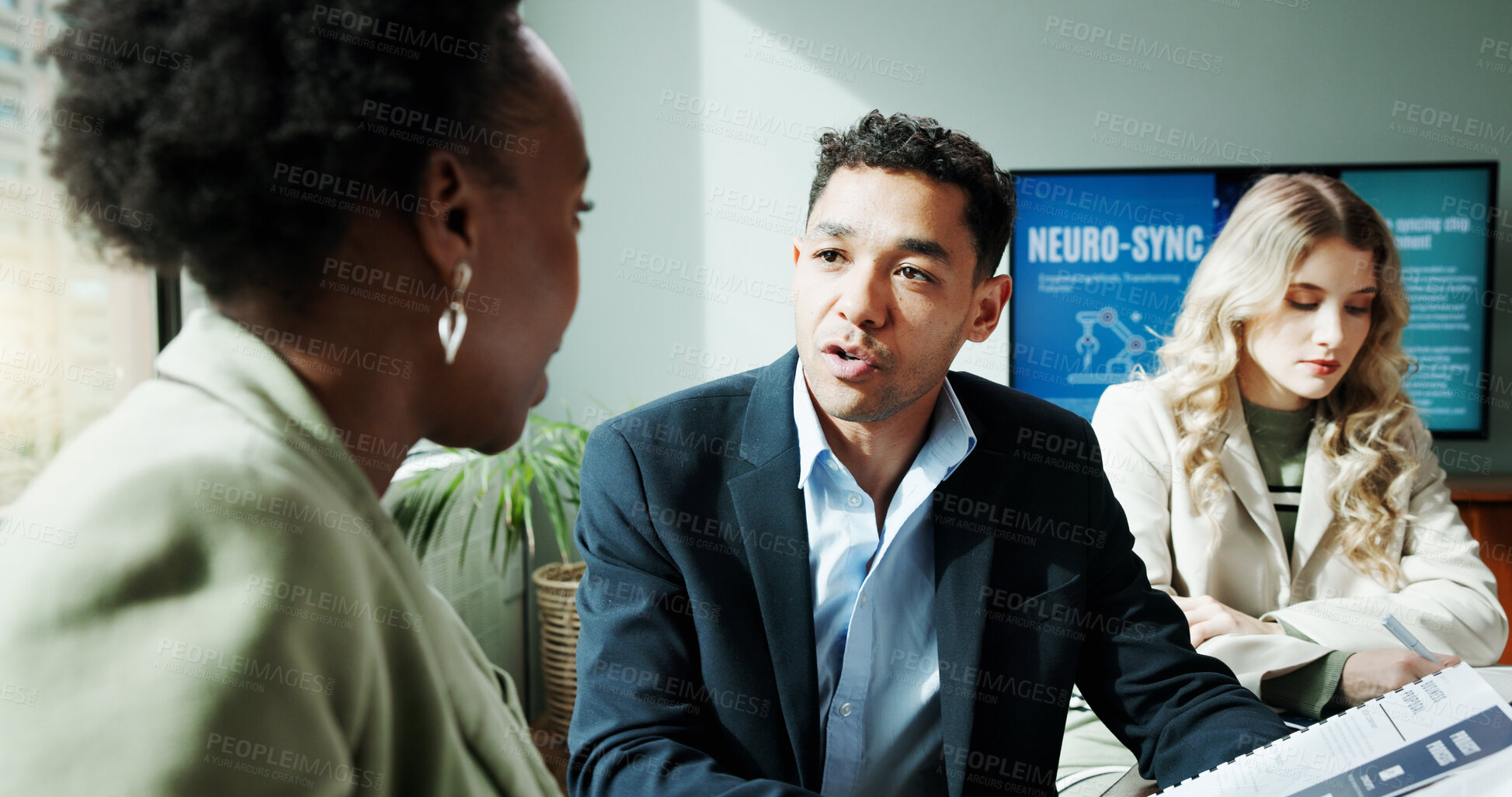 Buy stock photo Business, people and talking with proposal in office for planning, neuroscience and innovation ideas. Manager, presentation and briefing with paperwork, brain technology and document of neurofeedback